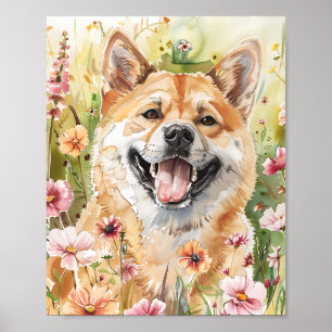 Akita Dog Watercolor Poster – Cute Floral Art Prin