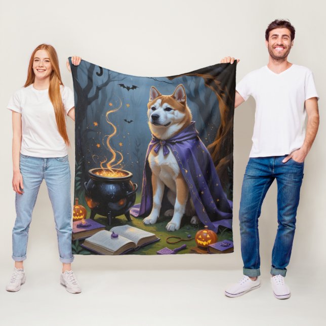 Akita Dog Whimsical Halloween Painting Fleece Blanket (In Situ)