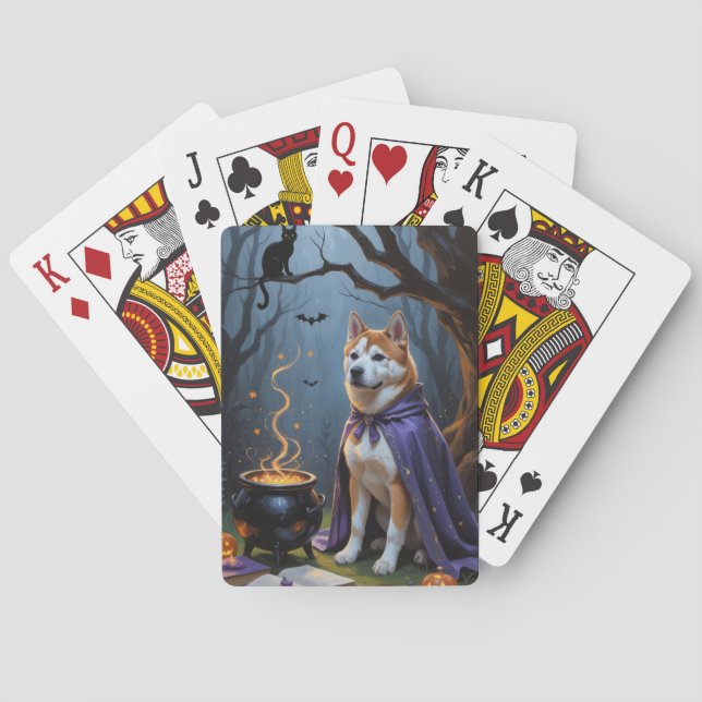 Akita Dog Whimsical Halloween Painting Playing Cards (Back)
