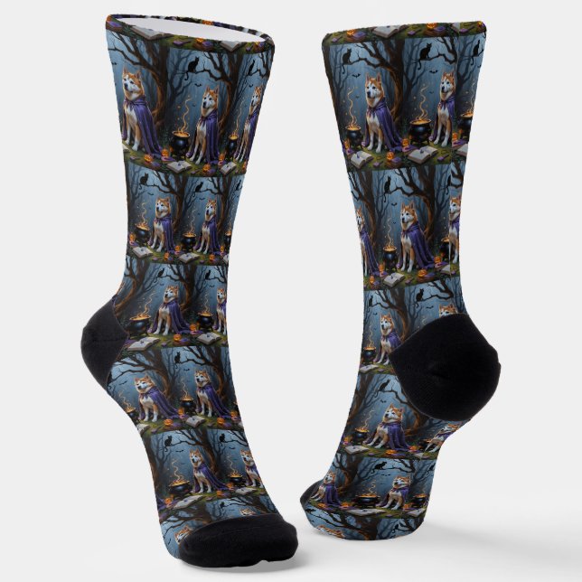 Akita Dog Whimsical Halloween Painting Socks (Angled)