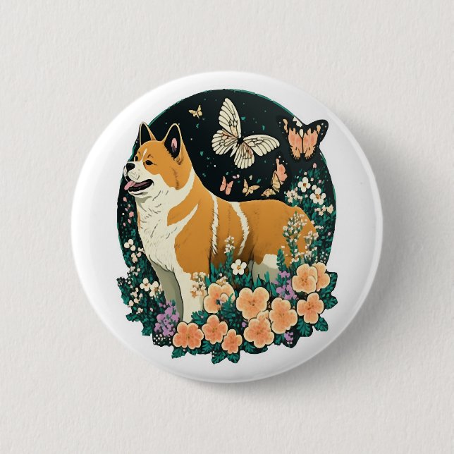 Akita Dog with Flower and Butterfly T Shirt 2 Inch Round Button (Front)