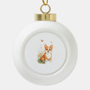 Akita Dog with Flower and Butterfly T Shirt Ceramic Ball Christmas Ornament