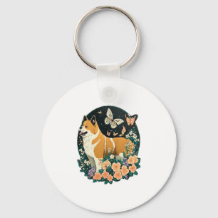 Akita Dog with Flower and Butterfly T Shirt Keychain