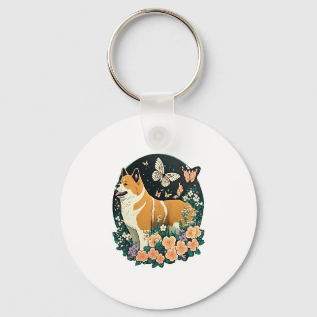 Akita Dog with Flower and Butterfly T Shirt Keychain (Front)
