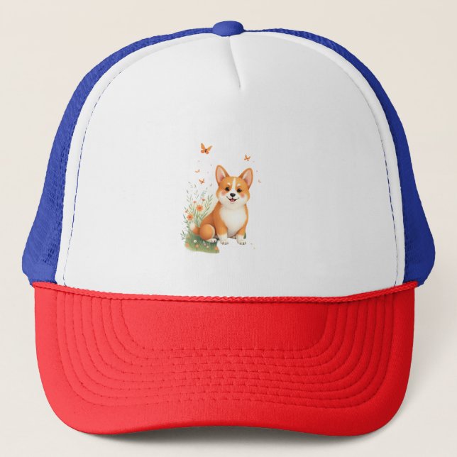 Akita Dog with Flower and Butterfly T Shirt Trucker Hat (Front)