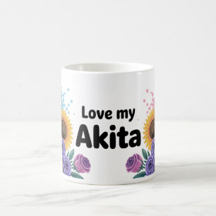 Akita Dog with Sunflowers & Roses Coffee Mug