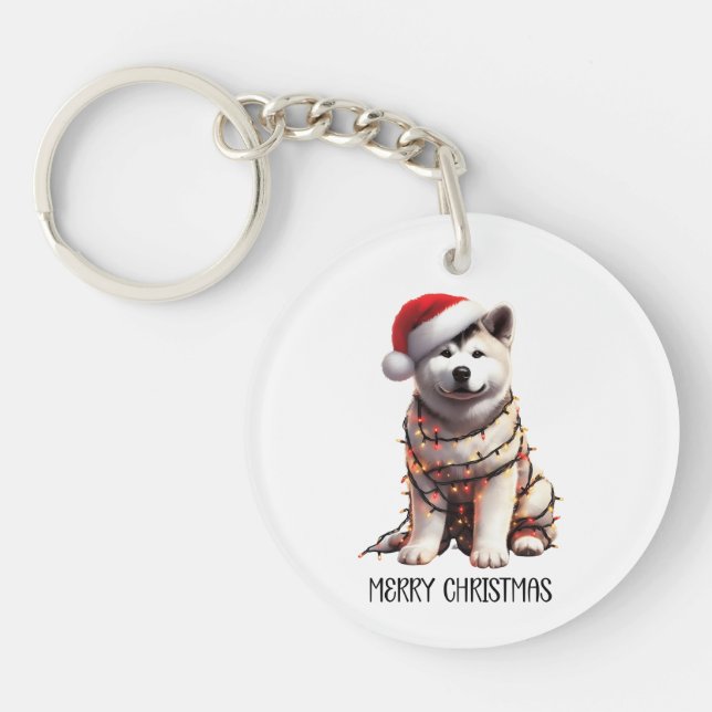 Akita Dog Wrapped In Christmas Light Keychain (Front)