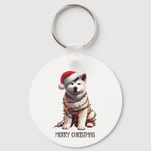 Akita Dog Wrapped In Christmas Light Keychain