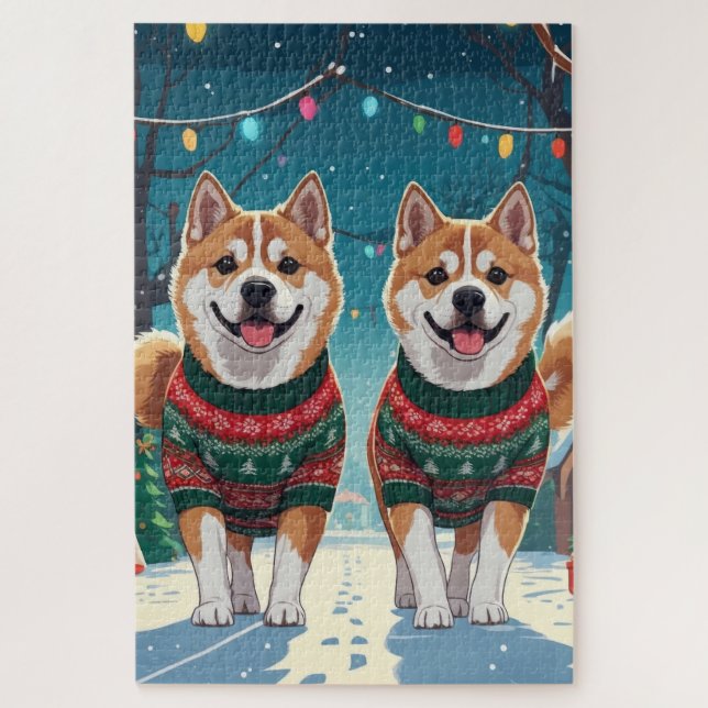 Akita Dogs Christmas Snow Holiday Jigsaw Puzzle (Vertical)
