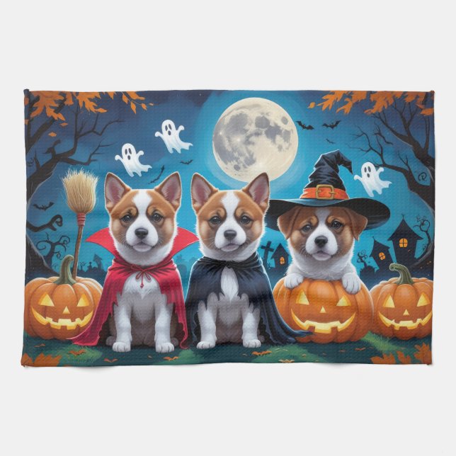 Akita Dogs Pumpkin Halloween Funny Kitchen Towel (Horizontal)