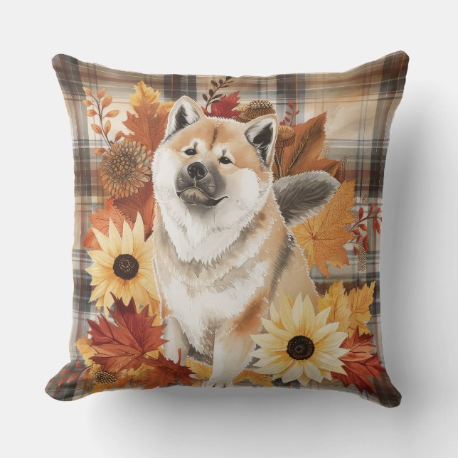 Akita Fall Watercolor Flowers Throw Pillow (Front)