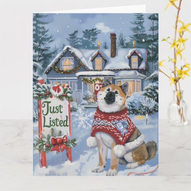 Akita Festive Humour Realtor Christmas Card (Yellow Flower)