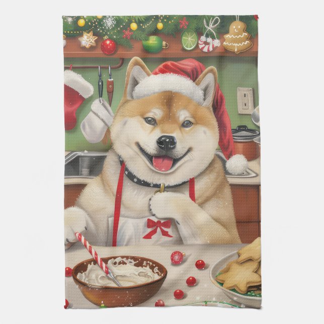Akita Holiday Baking: Festive Christmas Kitchen Towel (Vertical)