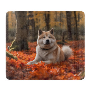 Akita in Autumn Leaves Fall Inspired Cutting Board