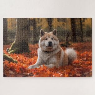 Akita in Autumn Leaves Fall Inspired Jigsaw Puzzle