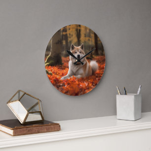 Akita in Autumn Leaves Fall Inspired Large Clock
