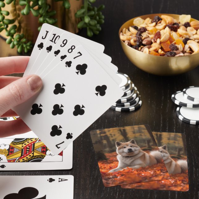 Akita in Autumn Leaves Fall Inspired Playing Cards (In Situ)