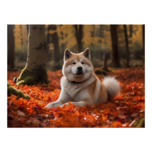 Akita in Autumn Leaves Fall Inspired Poster