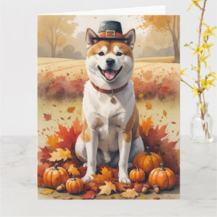 Akita in Autumn Leaves Thanksgiving Art  Card