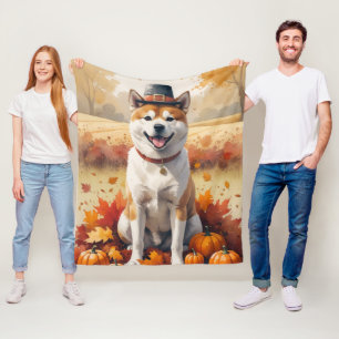 Akita in Autumn Leaves Thanksgiving Art Fleece Blanket