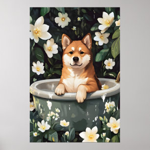 Akita In Bathtub Poster, Funny Dog Poster, Akita Poster