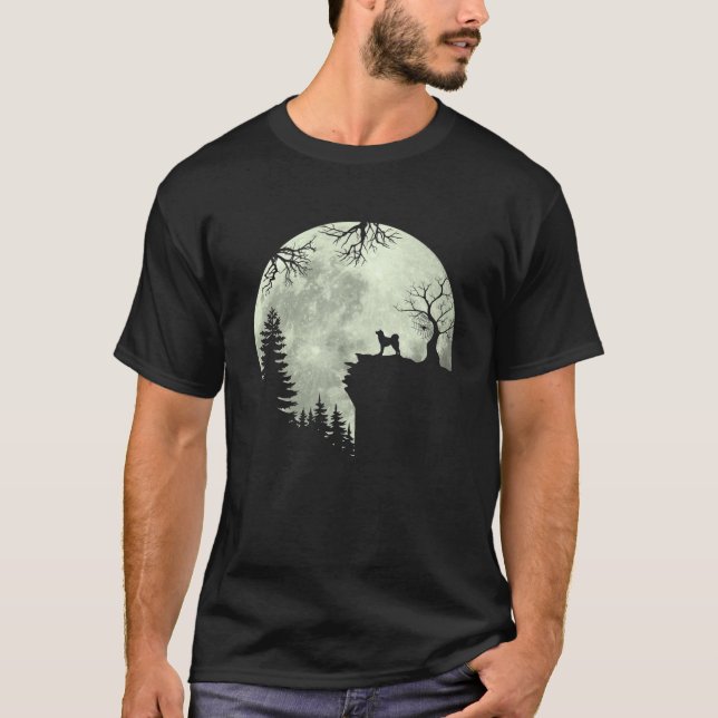 Akita Inu Dog And Moon Howl In Forest Dog Hallowee T-Shirt (Front)
