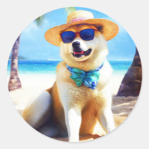 Akita on Beach, summer gift for dog lovers Gift Ta Classic Round Sticker