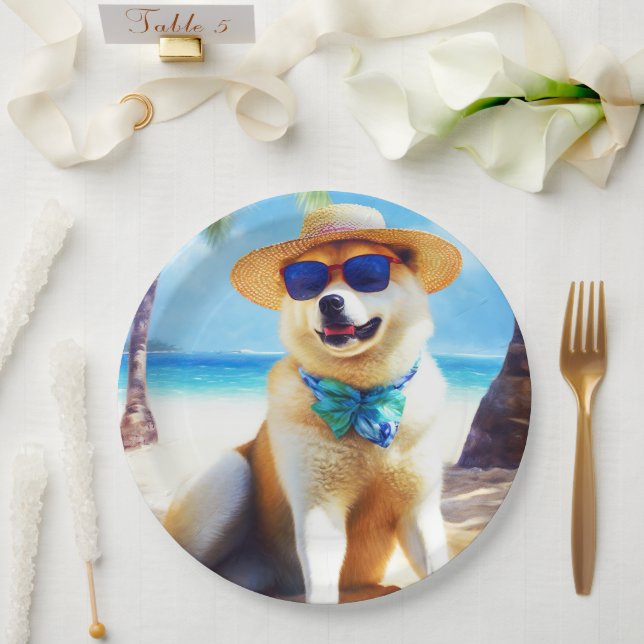 Akita on Beach, summer gift for dog lovers Gift Ta Paper Plate (Wedding)