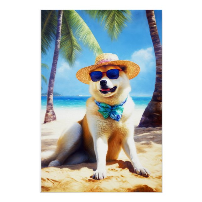 Akita on Beach, summer gift for dog lovers Gift Ta Poster (Front)