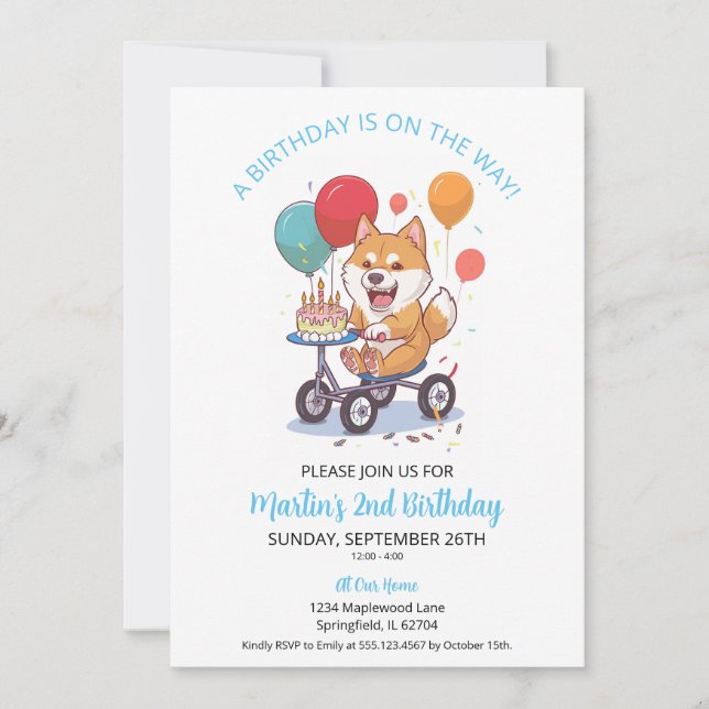 Akita on Bike with Cake 2nd Birthday Party Invitation (Front)