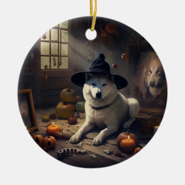 Akita Pumpkins Halloween Scary Ceramic Ornament (Front)