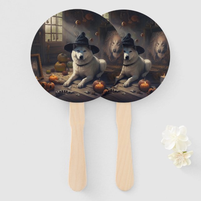 Akita Pumpkins Halloween Scary Hand Fan (Front and Back)