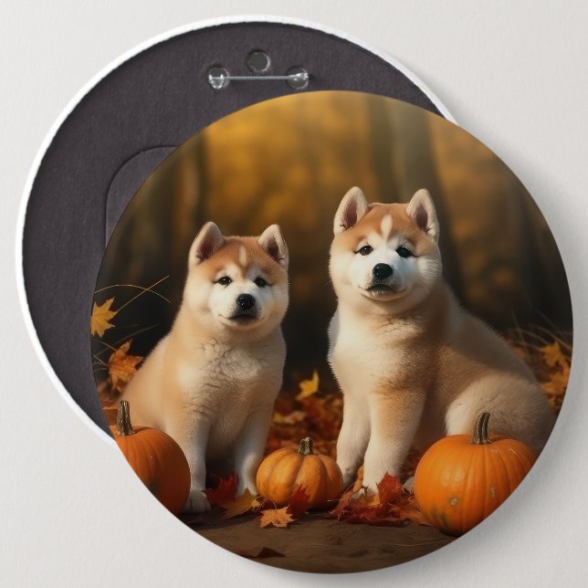 Akita Puppy Autumn Delight Pumpkin 6 Inch Round Button (Front & Back)