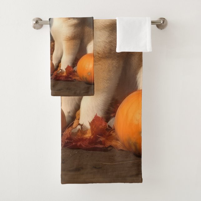 Akita Puppy Autumn Delight Pumpkin Bath Towel Set (Insitu)