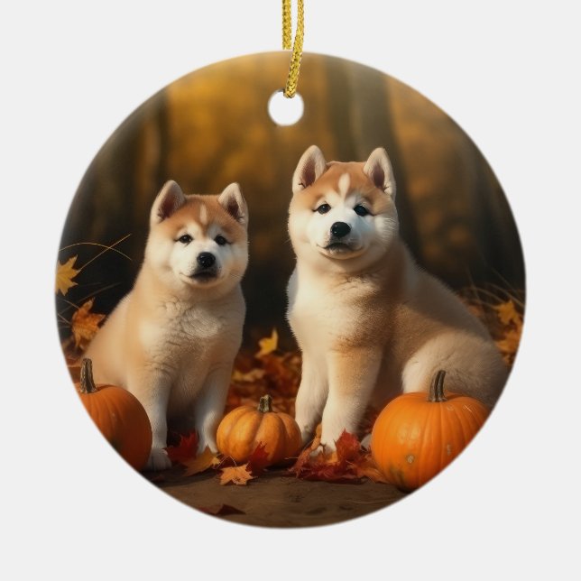 Akita Puppy Autumn Delight Pumpkin Ceramic Ornament (Front)