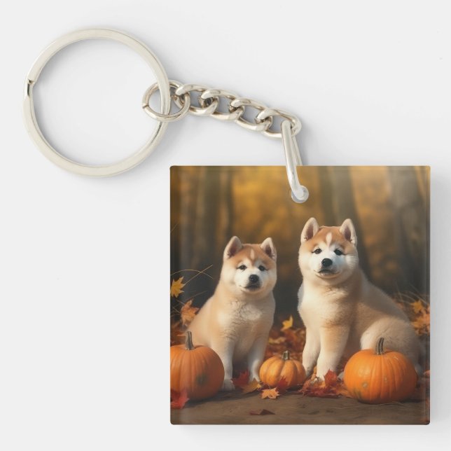 Akita Puppy Autumn Delight Pumpkin Keychain (Front)