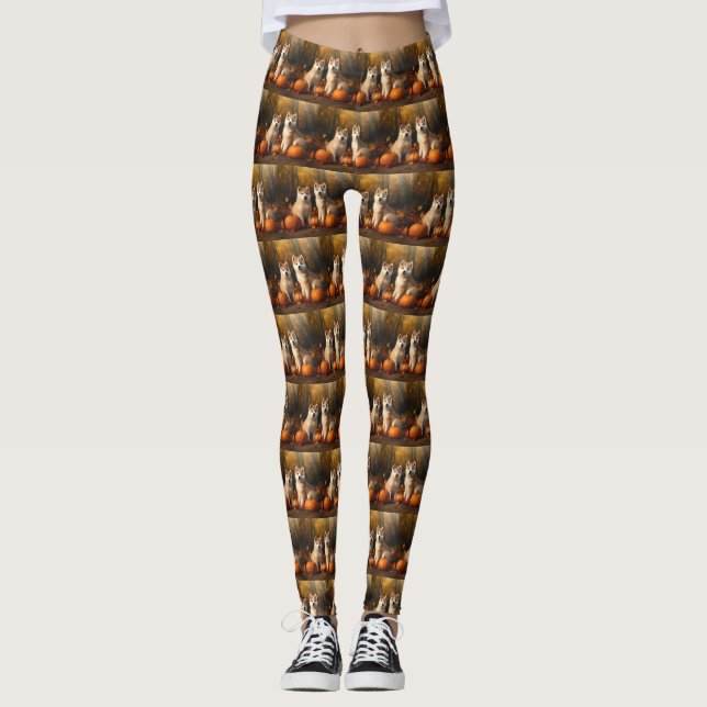 Akita Puppy Autumn Delight Pumpkin Leggings (Front)