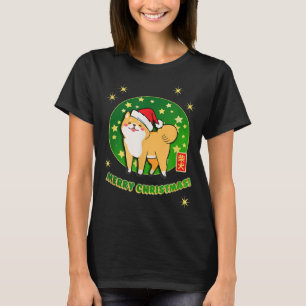 Akita Shiba Inu Christmas Santa Hat Stars Green Re T-Shirt