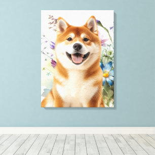Akita Shiba Inu Dog with Blue Watercolor Flowers Canvas Print