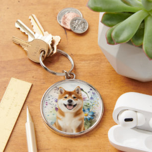 Akita Shiba Inu Dog with Blue Watercolor Flowers Keychain