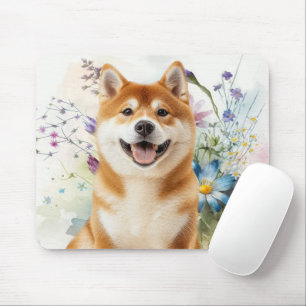 Akita Shiba Inu Dog with Blue Watercolor Flowers Mouse Pad