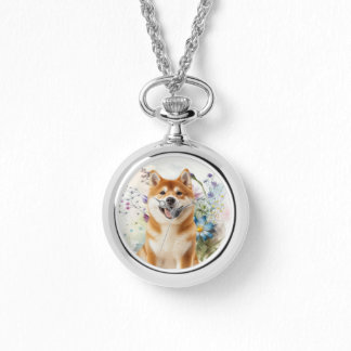 Akita Shiba Inu Dog with Blue Watercolor Flowers Watch