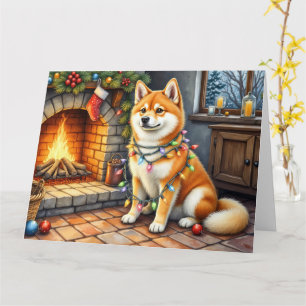 Akita Sitting by Fireplace with Christmas Lights Card