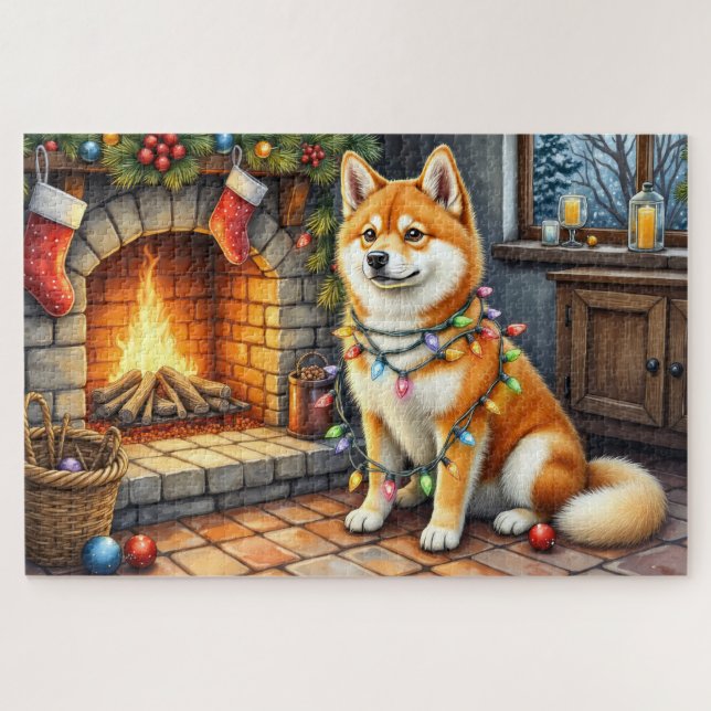 Akita Sitting by Fireplace with Christmas Lights Jigsaw Puzzle (Horizontal)