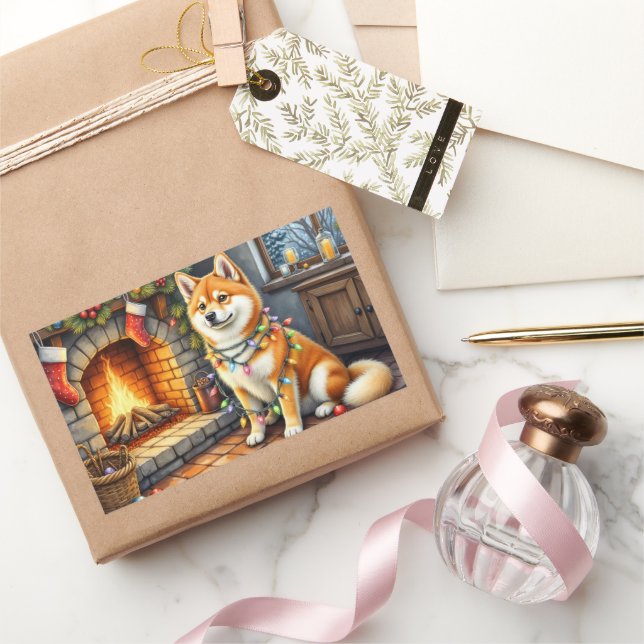 Akita Sitting by Fireplace with Christmas Lights Sticker (Gifting)