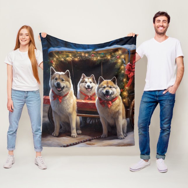 Akita Snowy Sleigh Ride Christmas Decor Fleece Blanket (In Situ)