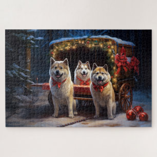 Akita Snowy Sleigh Ride Christmas Decor Jigsaw Puzzle