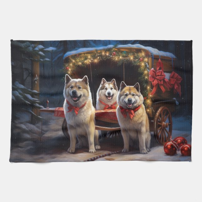 Akita Snowy Sleigh Ride Christmas Decor Kitchen Towel (Horizontal)