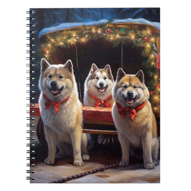 Akita Snowy Sleigh Ride Christmas Decor Notebook (Front)
