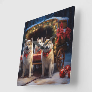 Akita Snowy Sleigh Ride Christmas Decor Square Wall Clock
